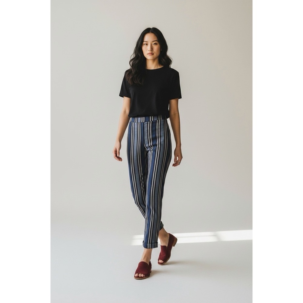 Free People Stripe Mod Linen Cotton Blend Cropped Pants Trousers Black Blue Sz 4